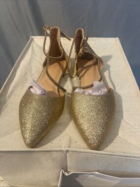 SHEIN Gold Glitter Pointed-Toe Ankle-Strap Flats - Women